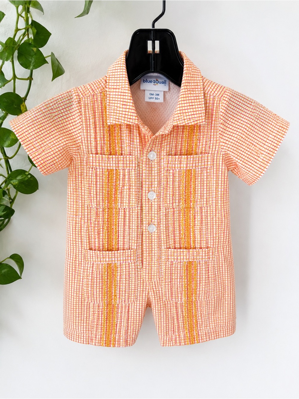 Blue Quail Boutique Baby Guayabera Romper | 0–3 Months | UPF 50+